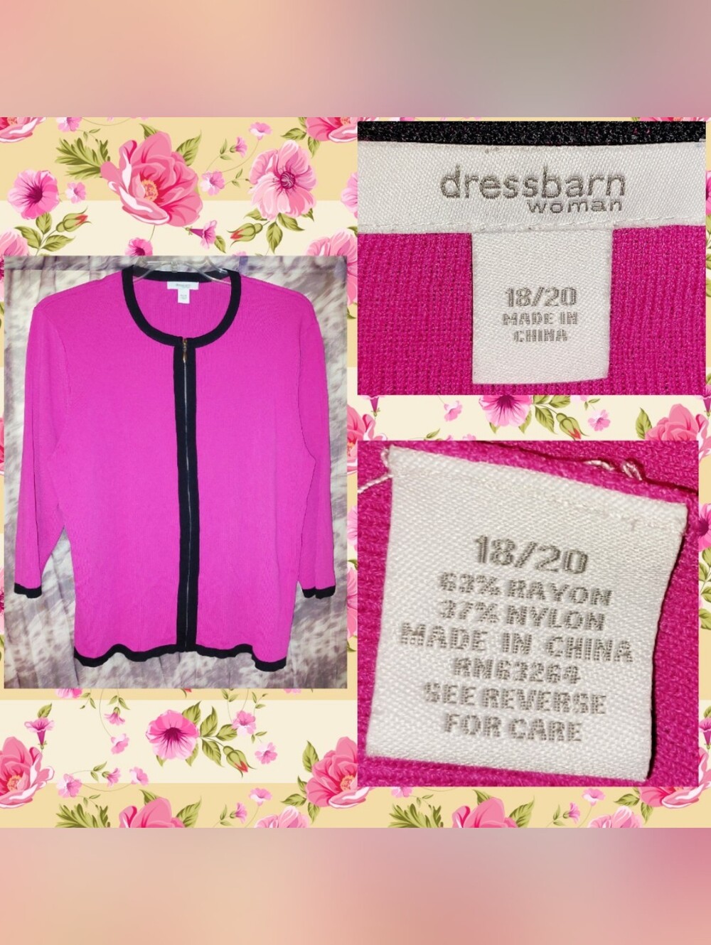 Dressbarn brand Hot Pink & Black Colorblock Soft Knit Full Zip Cardigan Sz 18/20